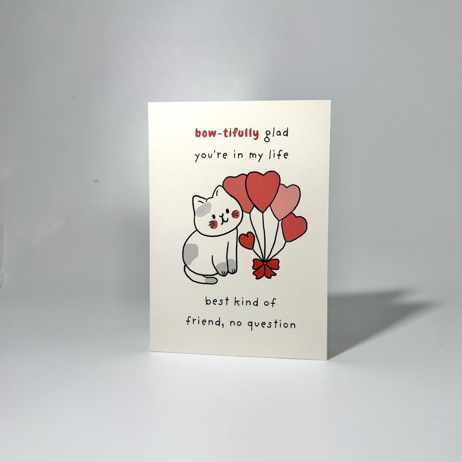 White Heart Balloon Cat Friendship Greeting Card
