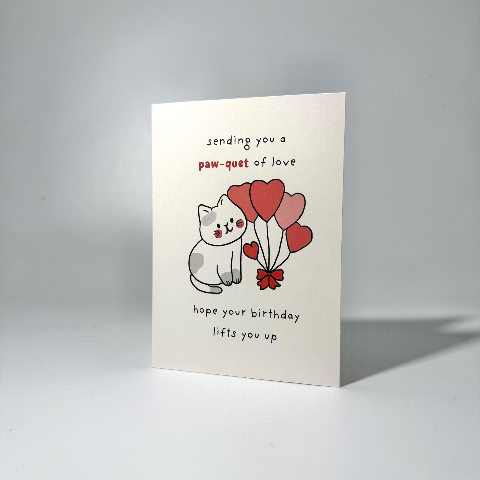 White Heart Balloon Cat Birthday Greeting Card